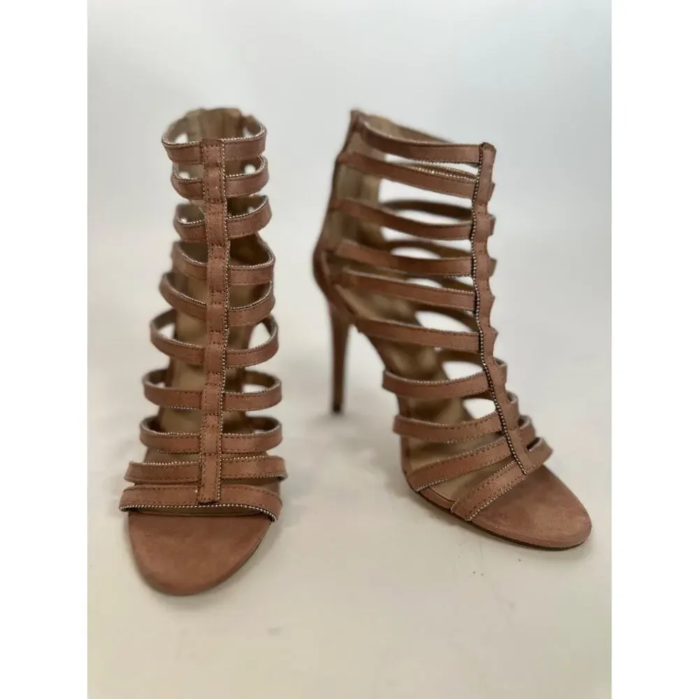 BCBGeneration Blush Suede Cage Sandal Heels Size 6.5 Strappy Stiletto Pumps